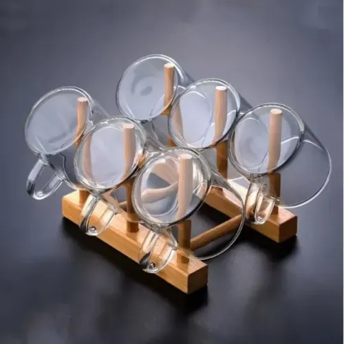 Conjunto 6 Xícaras de Café Vidro Borossilicato com Suporte Bambu