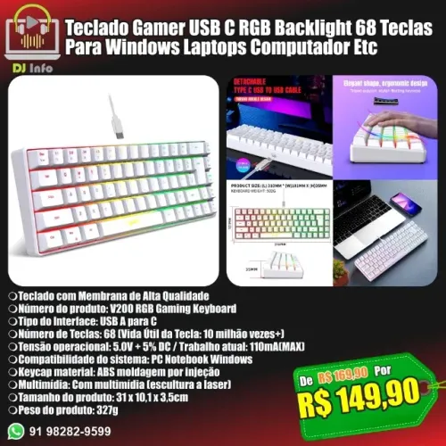 Teclado Gamer USB C RGB Backlight 68 Teclas Para Windows Laptops Computador Etc