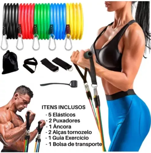 Kit 5 elásticos + 6 acessórios para treino completo 