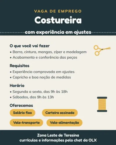 Contratamos: Costureira com experiência em ajustes de roupas ? Zona Leste