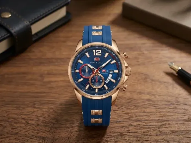 Relógio Masculino Mini Focus Premium - Cronógrafo Azul e Ouro Rosé