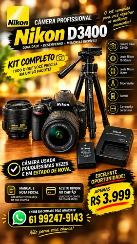 Câmera profissional Nikon D3400 em estado de nova