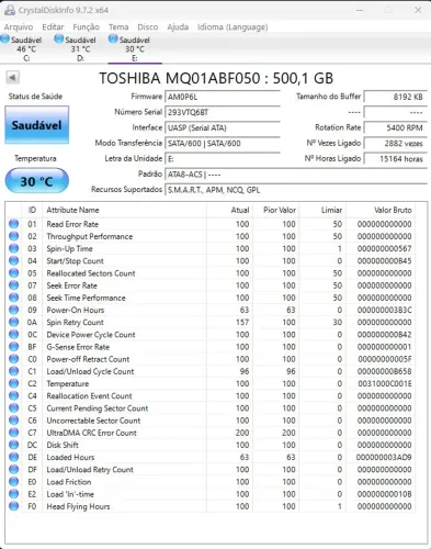HD Toshiba 500GB 2.5" SATA III - Saudável - Testado