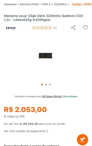 Memória RAM lexar 32gb