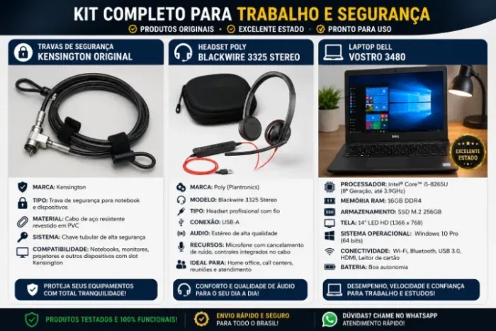 Notebook Dell Vostro 3480 + Headset Poly 3325T Stereo+ Travas de Segurança Kensington