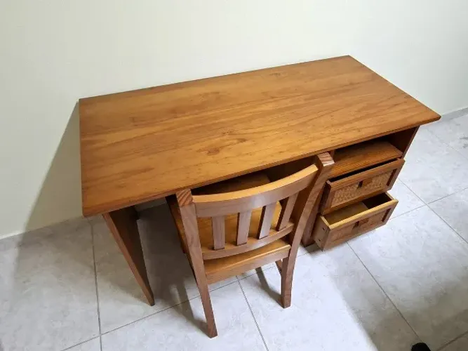 Escrivaninha Madeira Maciça + Cadeira - 2 Gavetas Palha