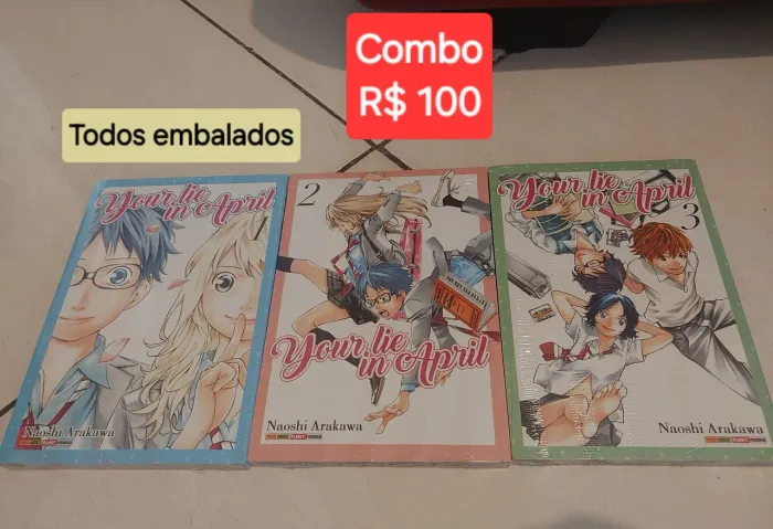Mangá Your Lie in April <br>combo - volumes 1, 2 e 3<br>Todos embalados<br>R$ 100