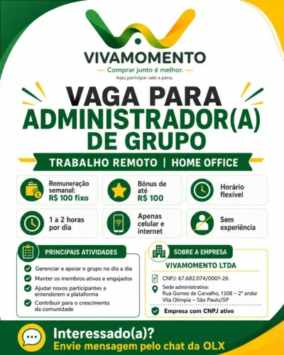 VAGA ADMINISTRADOR(A)DE GRUPO. TRABALHO REMOTO