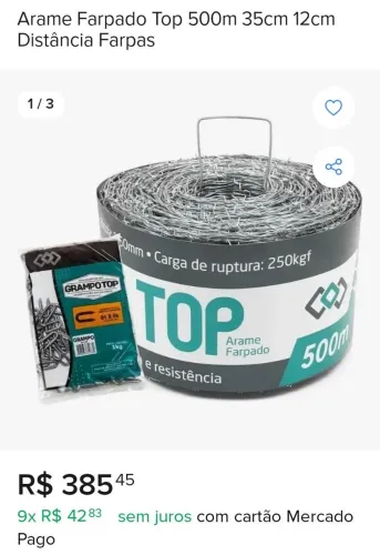 Arame farpado top 500m 35cm - 12cm distância farpa 
