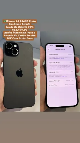 iPhone 15 256GB Preto - Saúde Da Bateria 90% (Usado)