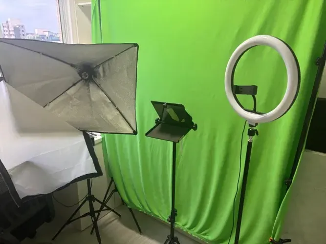 Kit de Gravação/Iluminação com Teleprompter, Softbox, Anel de LED e Fundo Verde