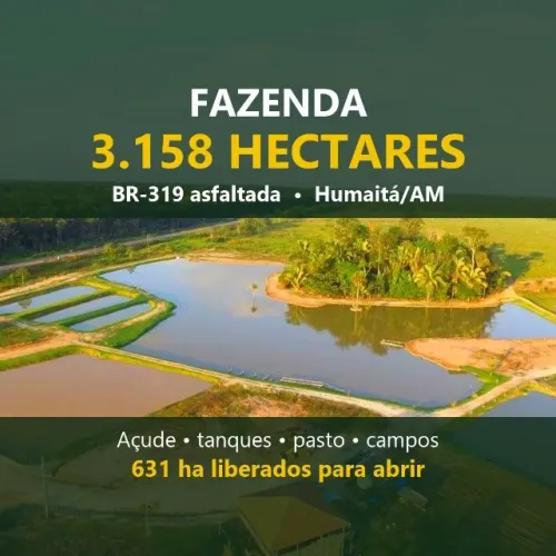 Fazenda 3.158 ha na BR-230 asfaltada - 15 min de Humaitá/AM, açude, pasto e campos