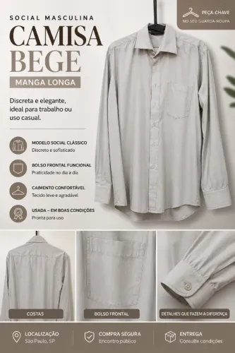 Camisa social bege masculina (manga longa) usada (discreta e elegante, ideal pra trabalho)