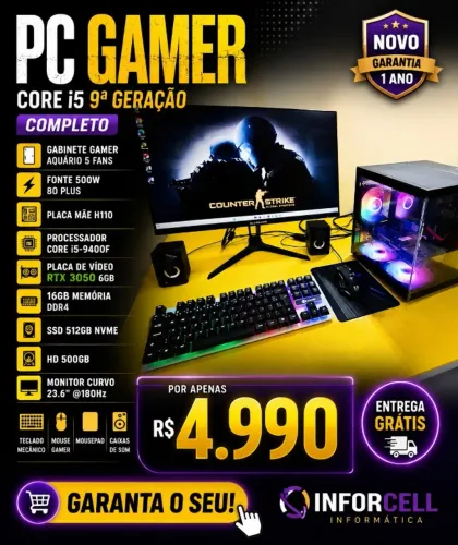 PC Gamer Core i5-9400F RTX 3050 16gb Ram Ssd 512gb Hd 500 Tela Curva 27 180Hz