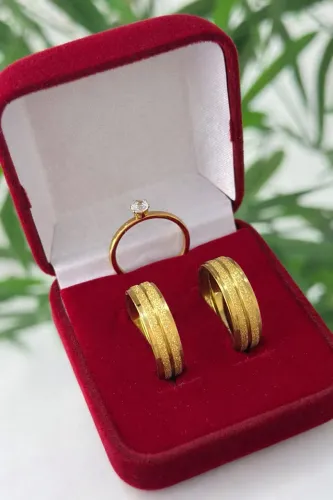Kit par de aliança casamento + anel solitário aço inoxidável + caixinha veludo
