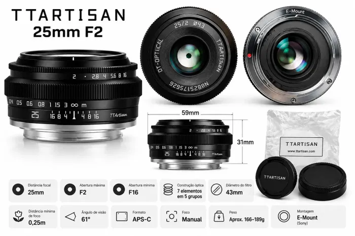 Lente TTArtisan 25mm F2 Manual E-Mount para Sony - Preta