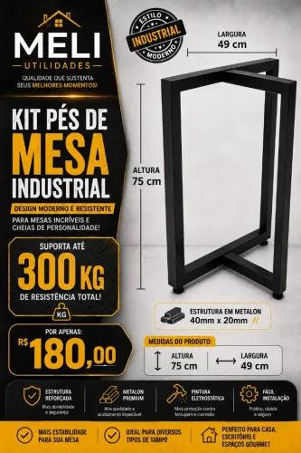 Kit Pés de Mesa Industrial em Estoque | 75cm x 49cm (40mm x 20mm)