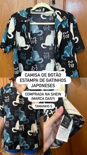 Camisa de Botão Estampa de Gatinhos Japoneses (tam. S)