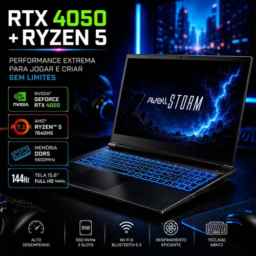 Notebook Gamer Avell - Ryzen 5 7640HS / RTX 4050 / 1TB SSD / 16GB DDR5 ( 2 meses de uso )