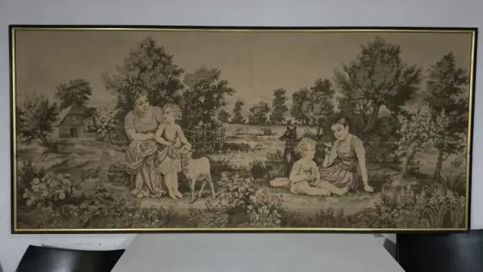 Rara Tapeçaria Panorâmica Pastoral Francesa, Anos 60, Moldura Original