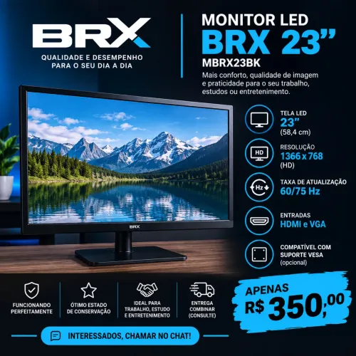 Monitor BRX MBRX23BK tem 23?, Full HD (1920×1080), 75 Hz, 1,5 ms e HDMI/VGA.