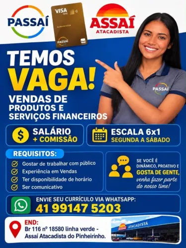 Vaga Vendedor de Cartão - seg a Sáb