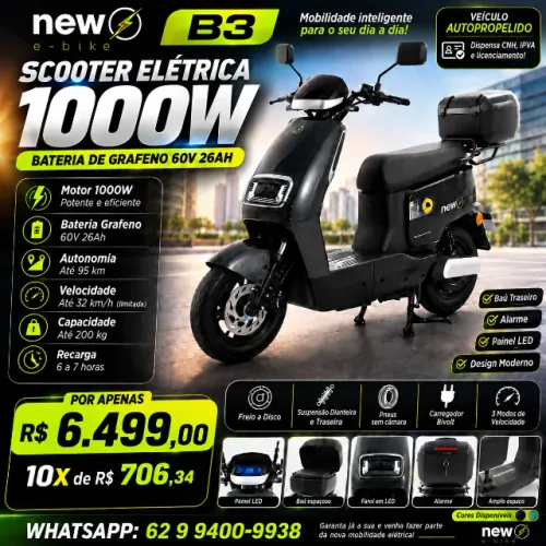 Scooter Elétrica New E-Bike B3 1000W Grafeno 60V 26Ah Autonomia Até 95km