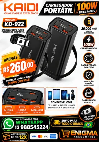 POWER BANK 100W DE POTENCIA COM 20.000MAH ORIGINAL KAIDI