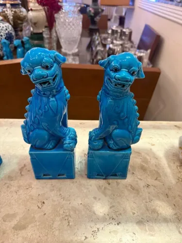 Par de Cães de Fó Chineses em Cerâmica Azul Turquesa - 26cm - Vintage (tenho dois pares)