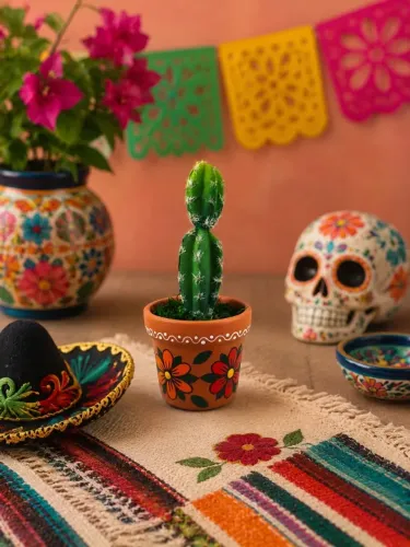 Vaso mexicano com cacto permanente