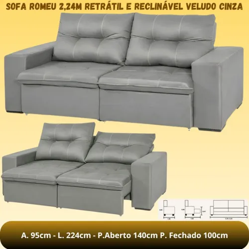 Sofá retrátil reclinável no linho cinza 2.20 m