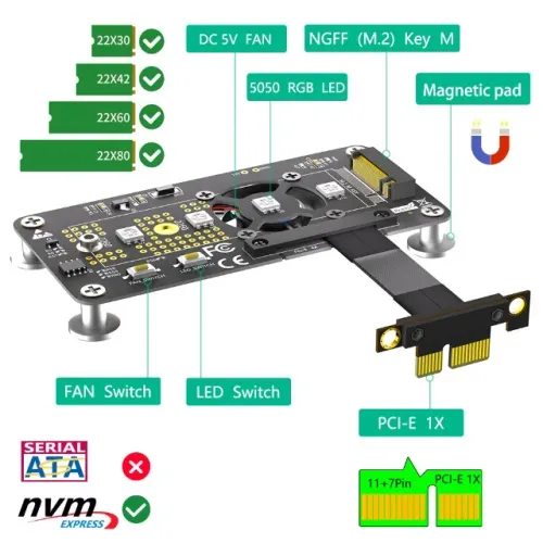 Extensor 10cm PCI-E 4x para SSD NVME + Fan + RGB + Fixação Magnética