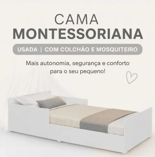 Cama infantil estilo montessoriana , com colchão e mosquiteiro