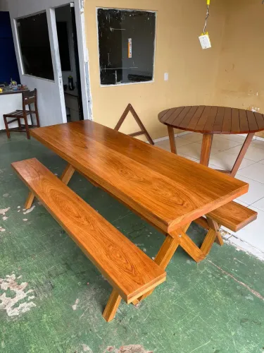 Conjunto de Mesa com Bancos em Madeira Maciça Jatobá de 2.0m x 80cm