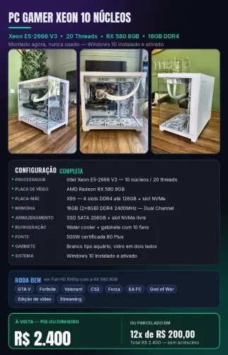 PC Gamer Xeon 10 Núcleos + RX 580 8GB + 16GB + Windows 10 - Novo, Nunca Usado