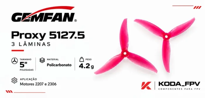 4 Hélices Gemfan Proxy 5 polegadas para drone FPV. Descrição abaixo