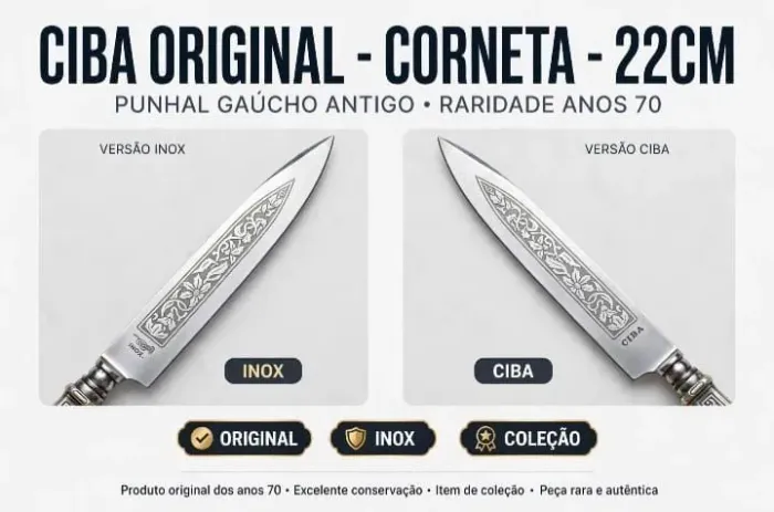 FACA PUNHAL CIBA ORIGINAL ANTIGA - Corneta INOX - 22cm -Raridade anos 70 - Coleção Gaúcha