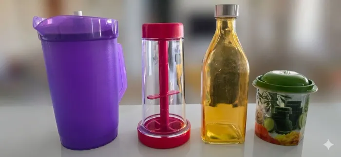 Jarra Tupperware, Dispenser massa tapioca, jarra de vidro e porta azeitonas