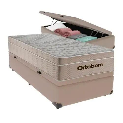Colchão Solteiro Premium Ortobom + Base Baú cor Nude Suede