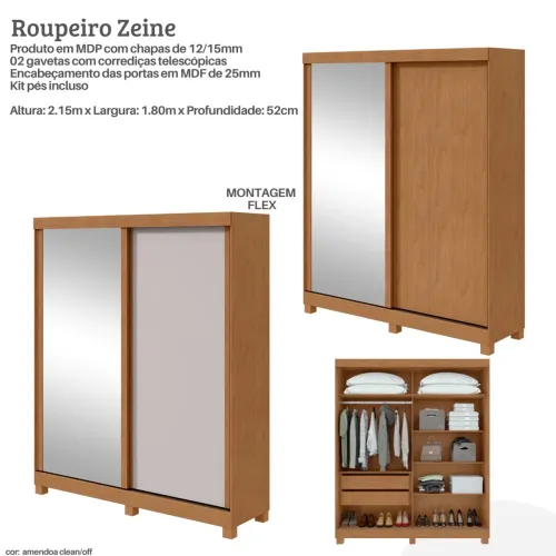 Guarda Roupa Zeine com espelho - Promoção 