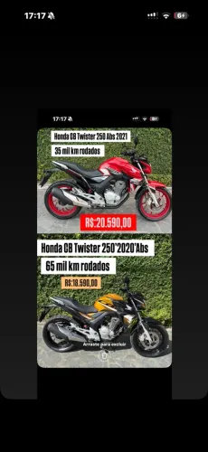 2 CB Twister 250 ABS 2021 vermelha / 2020 dourada