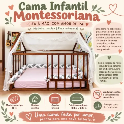 Cama Montessoriana Casinha em Madeira Maciça com Grades - Solteiro