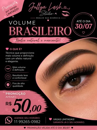 Cílios volume brasileiro, por apenas 50,00 reais, até 30/07