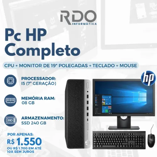 Computador HP Slim Core I5 7A 08GB RAM SSD 240GB Completo