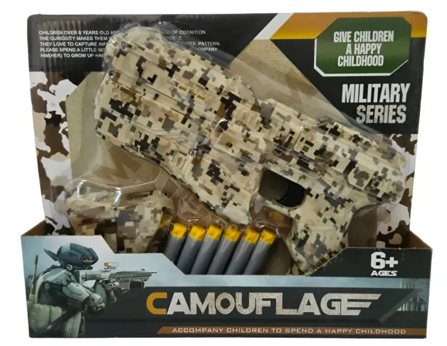 Pistola tipo nerf camuflada 6 balas lacrada nova