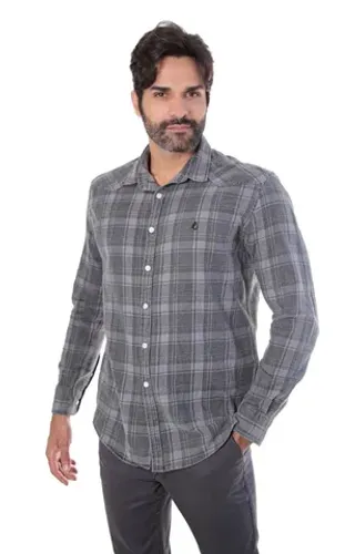 Camisa Xadrez Masculina Manga Longa Modelagem Slim Off-White/Preto