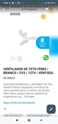 VENTILADOR DE TETO FENIX CV3 / 127V VENTISOL