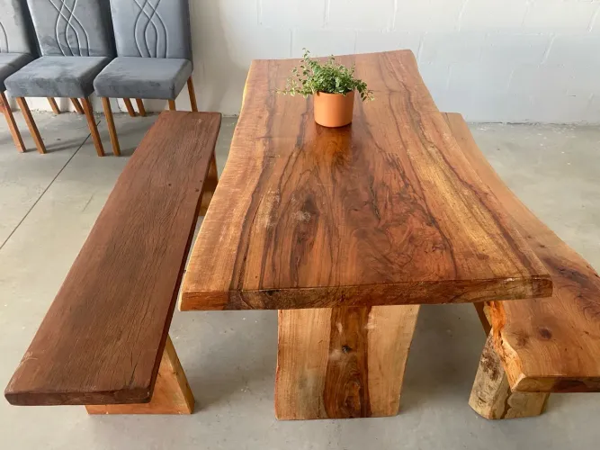 Mesa de Jantar de Madeira Maciça com Bancos 1,50x70