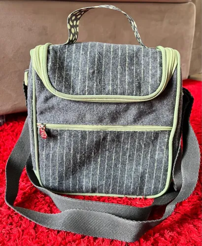 Bolsa Térmica Infantil Cinza com Listras Mamãe e Bebê 