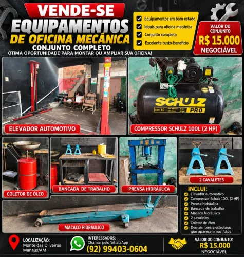 Equipamentos de Oficina Mecânica Completa - Elevador + Compressor + Prensa vendo tudo lote